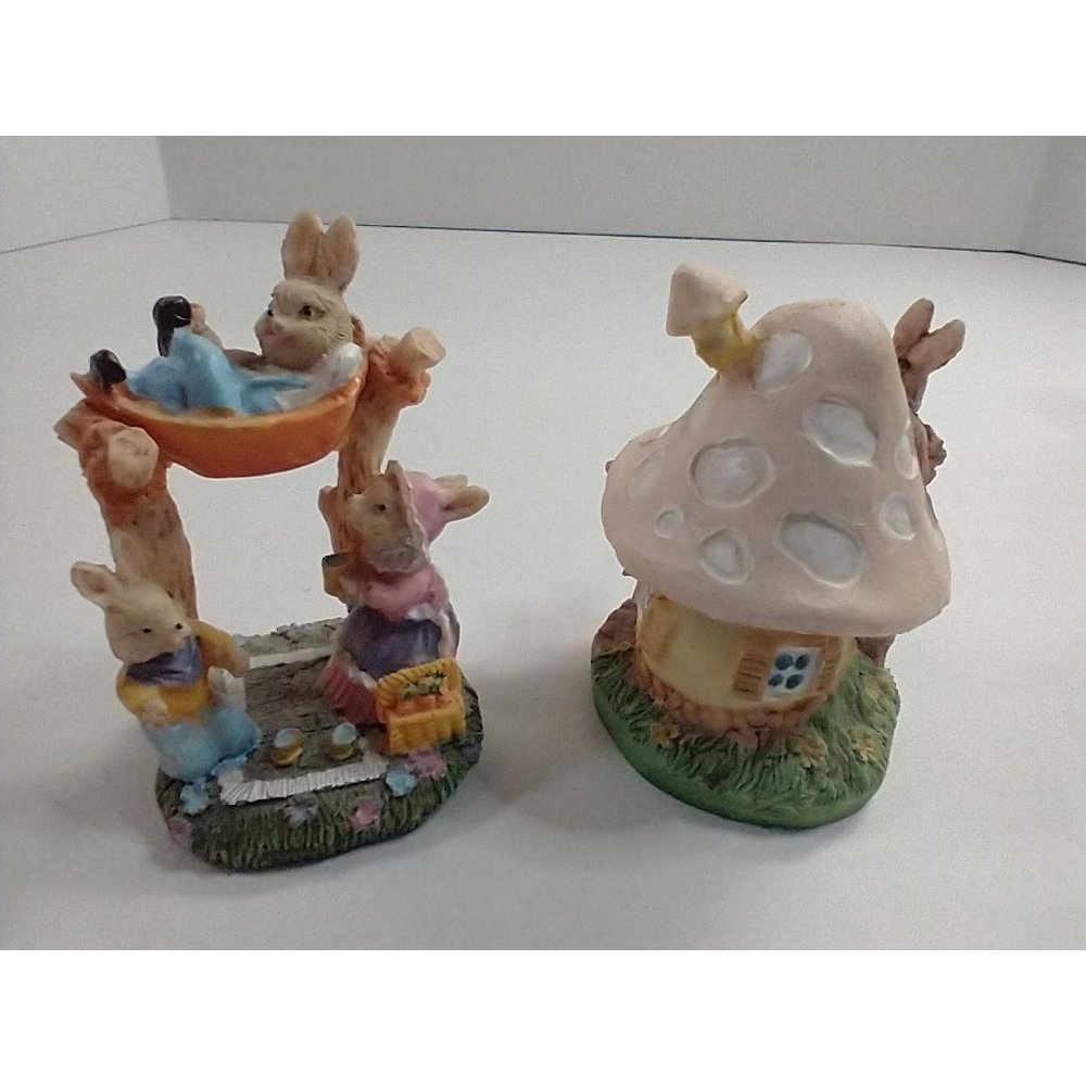 Easter Bunny Picnic and Mushroom House Figurine